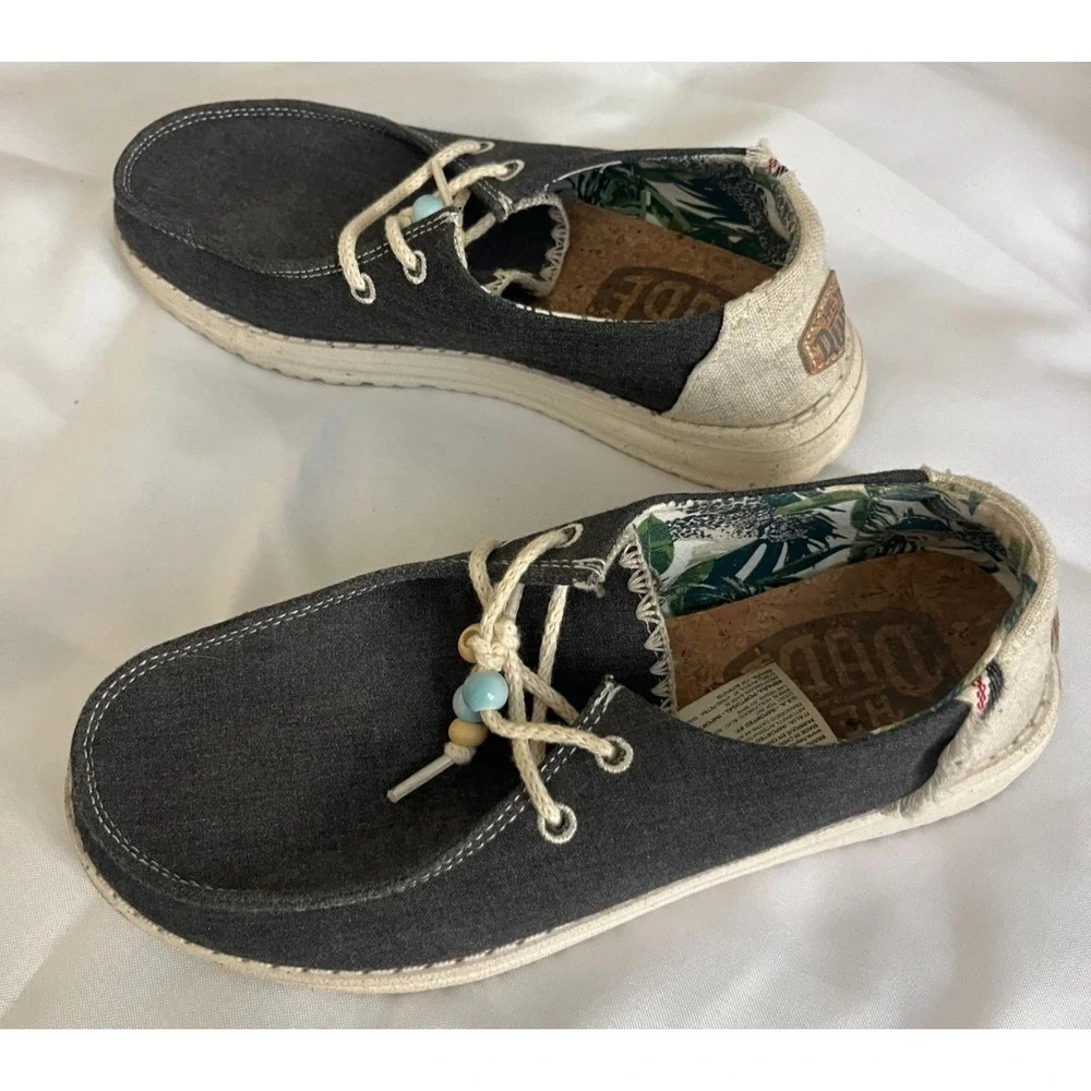 Hey Dude Wendy Womens Charcoal Grey Canvas Slip On Loafer Shoes Tropical Size 6